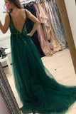 Dark Green Sparkly Prom Dress with Side Slit, A Line V Neck Tulle Long Party Dress KPP0745