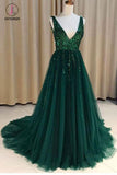 Dark Green Sparkly Prom Dress with Side Slit, A Line V Neck Tulle Long Party Dress KPP0745