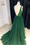 Dark Green Sparkly Prom Dress with Side Slit, A Line V Neck Tulle Long Party Dress KPP0745