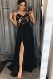 A-Line Spaghetti Straps Floor-Length Black Prom Dresses with Lace Split KPP0748