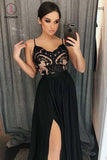 A-Line Spaghetti Straps Floor-Length Black Prom Dresses with Lace Split KPP0748