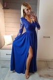 Royal Blue V Neck Long Sleeve Prom Dress, Floor Length Split Evening Dress with Lace KPP0751