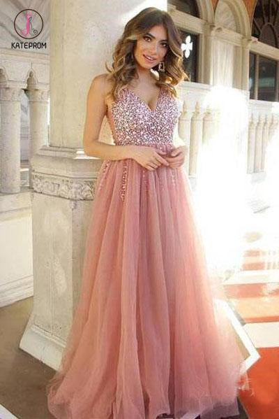 Shiny V Neck Tulle Long Prom Dresses, A Line Sleeveless Sequins Party Dress KPP0756