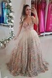 Cheap V Neck Straps Floral Prom Dresses, Sleeveless Long Formal Dresses KPP0757