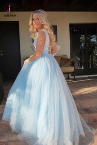 Light Sky Blue Sparkly Prom Dress, Charming Sleeveless V Neck Formal Dress KPP0758