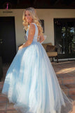 Light Sky Blue Sparkly Prom Dress, Charming Sleeveless V Neck Formal Dress KPP0758