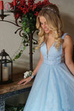 Light Sky Blue Sparkly Prom Dress, Charming Sleeveless V Neck Formal Dress KPP0758