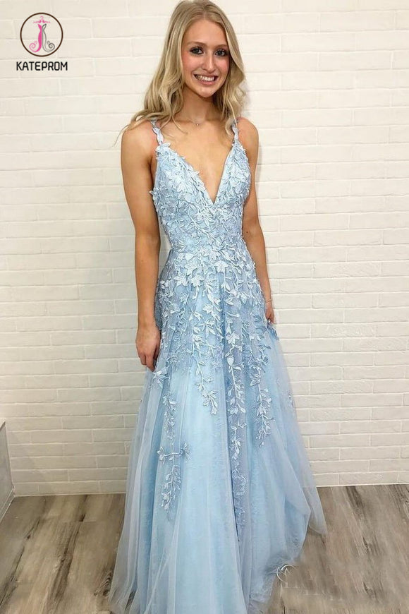 Sky Blue Straps Lace Prom Gown, A Line Sleeveless Floor Length V Neck Tulle Party Dress KPP0759