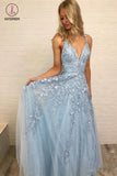 Sky Blue Straps Lace Prom Gown, A Line Sleeveless Floor Length V Neck Tulle Party Dress KPP0759