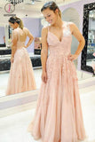 Sky Blue Straps Lace Prom Gown, A Line Sleeveless Floor Length V Neck Tulle Party Dress KPP0759