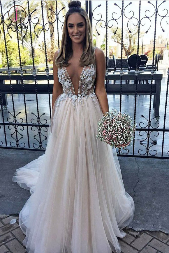 Sexy Deep V Neck Tulle Prom Dresses, Applique Sleeveless Long Graduation Dress KPP0760