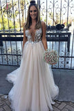 Sexy Deep V Neck Tulle Prom Dresses, Applique Sleeveless Long Graduation Dress KPP0760