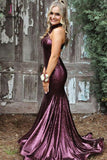 Glitter Sequin High Neck Mermaid Prom Dresses, Purple Evening Dress with Train KPP0761