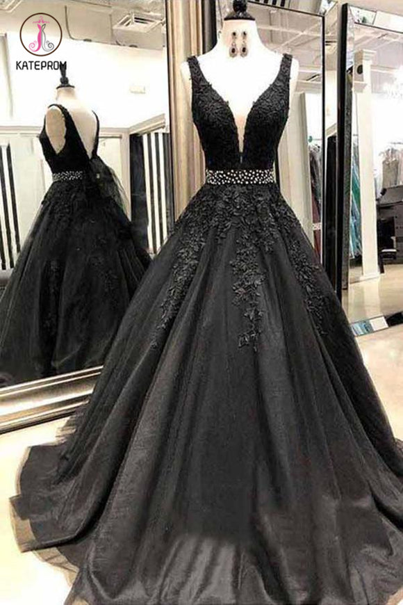 Black Appliques Prom Dress with Beaded Waist, A Line Tulle Long Graduation Dresses KPP0762