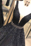 Black Appliques Prom Dress with Beaded Waist, A Line Tulle Long Graduation Dresses KPP0762