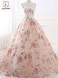 Ball Gown Print Prom Dresses, Lace Up Back Appliques Long Quinceanera Dresses KPP0764