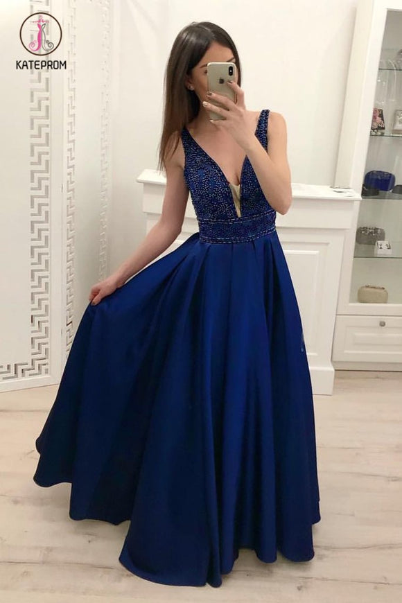 Royal Blue A Line Satin Prom Dresses, Sparkly Beading Sleeveless Party Dresses KPP0766