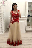 A Line Tulle Prom Dress with Red Lace Appliques, Floor Length Senior Dance Dress KPP0767