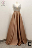 A Line Satin Prom Dress with Beading Sequins, Sparkly V Neck Evening Dresses KPP0768