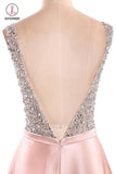 A Line Satin Prom Dress with Beading Sequins, Sparkly V Neck Evening Dresses KPP0768