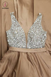 A Line Satin Prom Dress with Beading Sequins, Sparkly V Neck Evening Dresses KPP0768