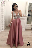 A Line Satin Prom Dress with Beading Sequins, Sparkly V Neck Evening Dresses KPP0768