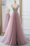 Dusty Pink A Line Tulle Prom Dress, Sparkly V Neck Long Graduation Dress with Rhinestone KPP0769