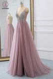 Dusty Pink A Line Tulle Prom Dress, Sparkly V Neck Long Graduation Dress with Rhinestone KPP0769