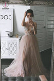 Dusty Pink A Line Tulle Prom Dress, Sparkly V Neck Long Graduation Dress with Rhinestone KPP0769