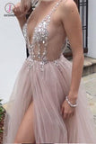 Dusty Pink A Line Tulle Prom Dress, Sparkly V Neck Long Graduation Dress with Rhinestone KPP0769