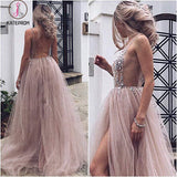 Dusty Pink A Line Tulle Prom Dress, Sparkly V Neck Long Graduation Dress with Rhinestone KPP0769