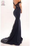 Cheap Mermaid Long Prom Dress with lace, Black Off the Shoulder with Sash Prom Gowns KPP0770