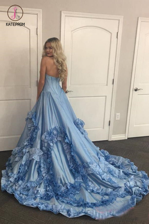 Blue Sweetheart Swirling Ruffled Prom Dress, Sweep Train Special Party ...