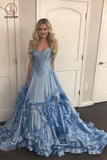 Blue Sweetheart Swirling Ruffled Prom Dress, Sweep Train Special Party Dresses KPP0772