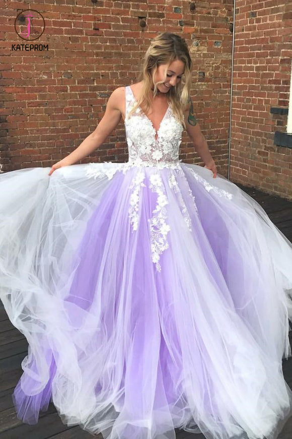 A-Line Purple Tulle V-neck Floor Length Prom Dress with White Appliques KPP0773