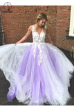 A-Line Purple Tulle V-neck Floor Length Prom Dress with White Appliques KPP0773