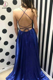 Blue Spaghetti Strap Prom Dress with Side Slit, Sexy Long Senior Prom Dresses KPP0774