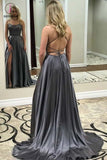 Blue Spaghetti Strap Prom Dress with Side Slit, Sexy Long Senior Prom Dresses KPP0774