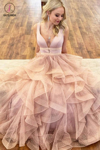 Gorgeous V Neck Ruffled Prom Dresses, Charming Sleeveless Party Dresses KPP0775