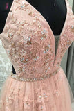 Blush V Neck Prom Dress with Rhinestone, Long Prom Dresses with Appliques KPP0778