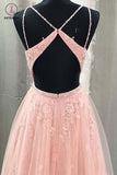 Blush V Neck Prom Dress with Rhinestone, Long Prom Dresses with Appliques KPP0778