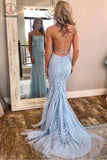 Red Spaghetti Strap Mermaid Prom Dresses with Lace Appliques Backless Formal Dress KPP0791