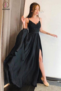 Black Spaghetti Straps V neck Split Prom Dress with Lace, High Split Evening Gowns KPP0792