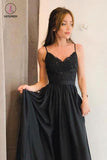 Black Spaghetti Straps V neck Split Prom Dress with Lace, High Split Evening Gowns KPP0792