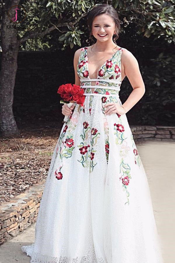 Princess v neck fashion floral embroidery long prom dress