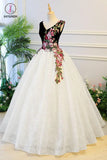 Puffy V Neck Lace Prom Dress with Appliques, Cheap Lace Quinceanera Dress KPP0794