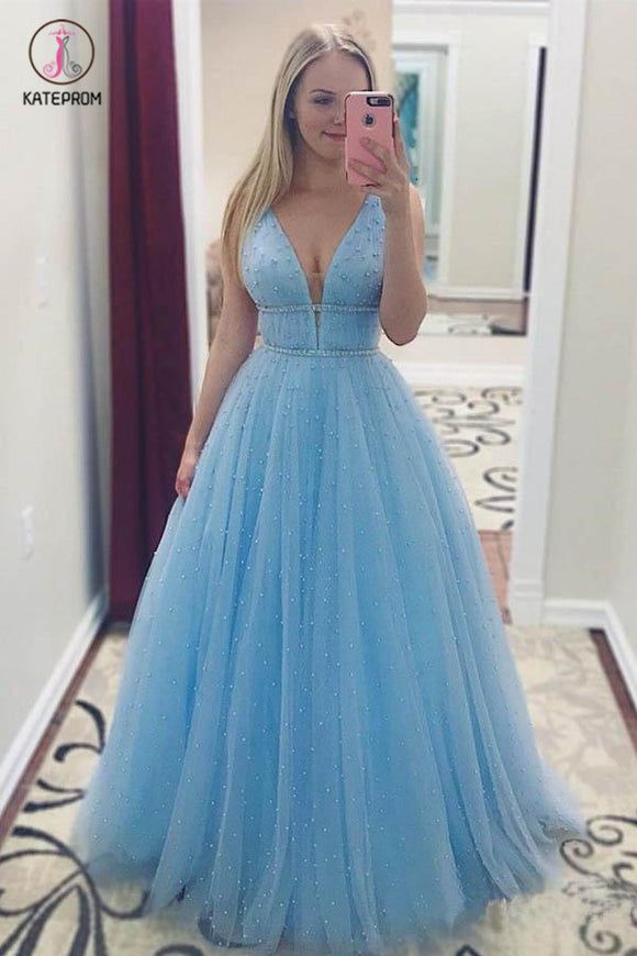 Sky Blue V Neck Floor Length Prom Dress with Beading, A Line Tulle Formal Dress KPP0796