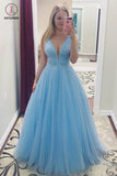 Sky Blue V Neck Floor Length Prom Dress with Beading, A Line Tulle Formal Dress KPP0796