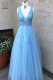 Sky Blue V Neck Floor Length Prom Dress with Beading, A Line Tulle Formal Dress KPP0796