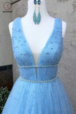 Sky Blue V Neck Floor Length Prom Dress with Beading, A Line Tulle Formal Dress KPP0796